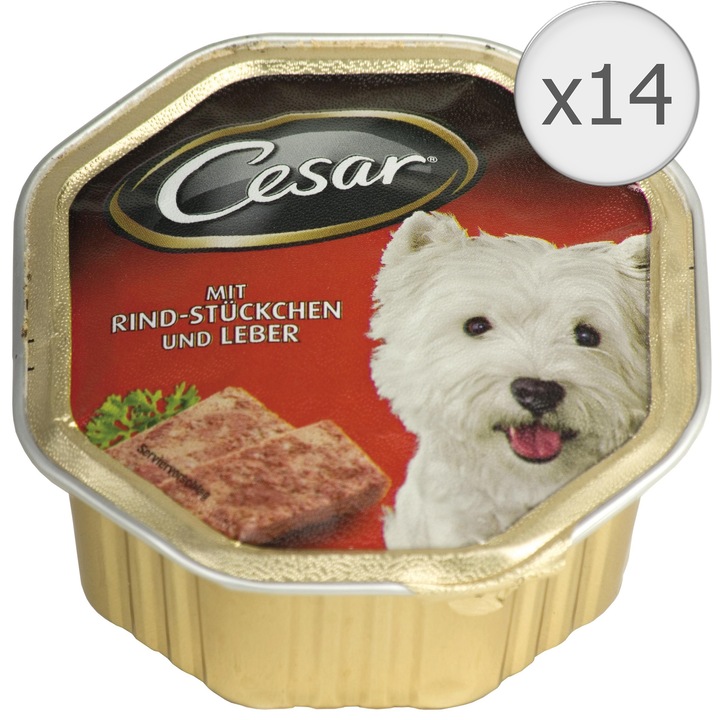 Мокра храна за кучета Cesar, Pate, Пуешко и телешко, 14 бр x 150 гр