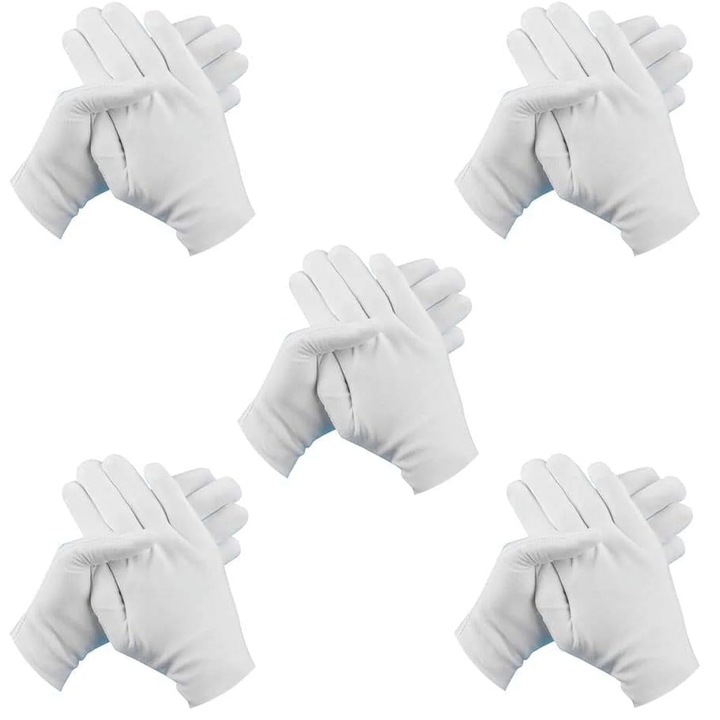 Manusi de protectie din bumbac alb, set de 5 perechi, 21cm, respirabile, pentru munca si inspectie bijuterii