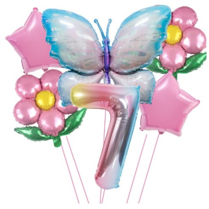 Комплект балони с цифри за рожден ден, изработени от алуминиево фолио, 6 части, 2 цветя, 2 звезди, 1 пеперуда, 1 номер, многоцветен, номер 7