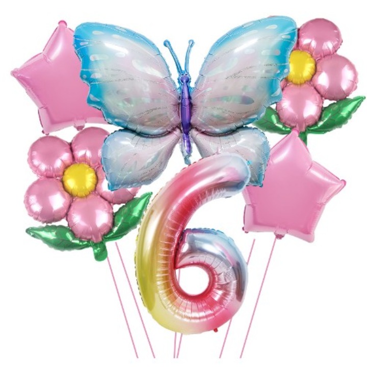 Комплект балони за рожден ден, 6 броя, 2 цветя, 2 звезди, една пеперуда, една цифра 6, алуминиево фолио, Многоцветен