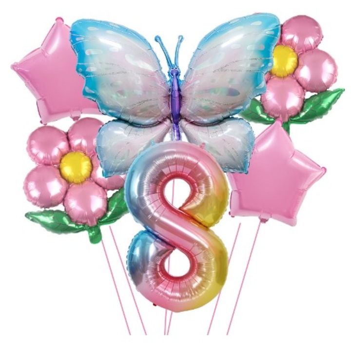 Комплект балони с числа за рожден ден, изработени от алуминиево фолио, 6 части, 2 цветя, 2 звезди, 1 пеперуда, 1 номер, Многоцветен, Номер 8