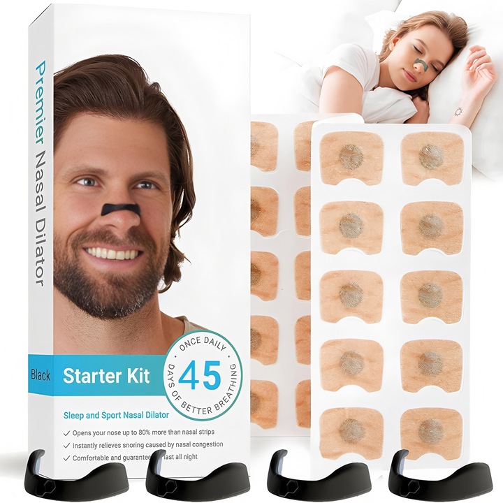 Clips nazal, BOMSTOM, Antisforait, Mareste Capacitatea Respiratorie, Ajuta cu Deviatia de Sept, 45 benzi magnetice, rezistent la apa, Marimi Diferite pentru Orice Tip de Nas, negru