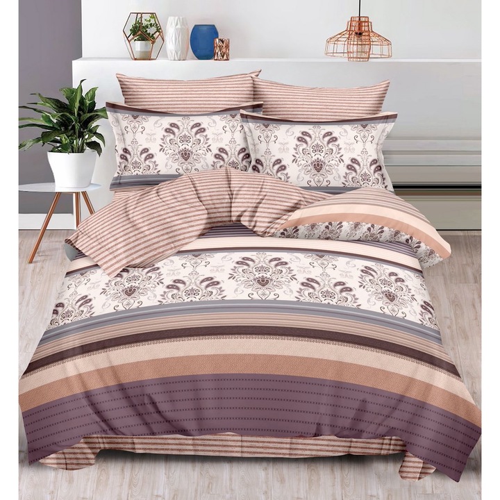 Set Lenjerie de pat CHIRASO, pentru pat dublu, FINET, 6 piese, Cearceaf cu elastic 180x200 cm, Cearceaf pilota 200x230 cm, 2 fete perna 70x70 cm, 2 fete perna 55x75 cm, cu imprimeu, maro deschis-bej