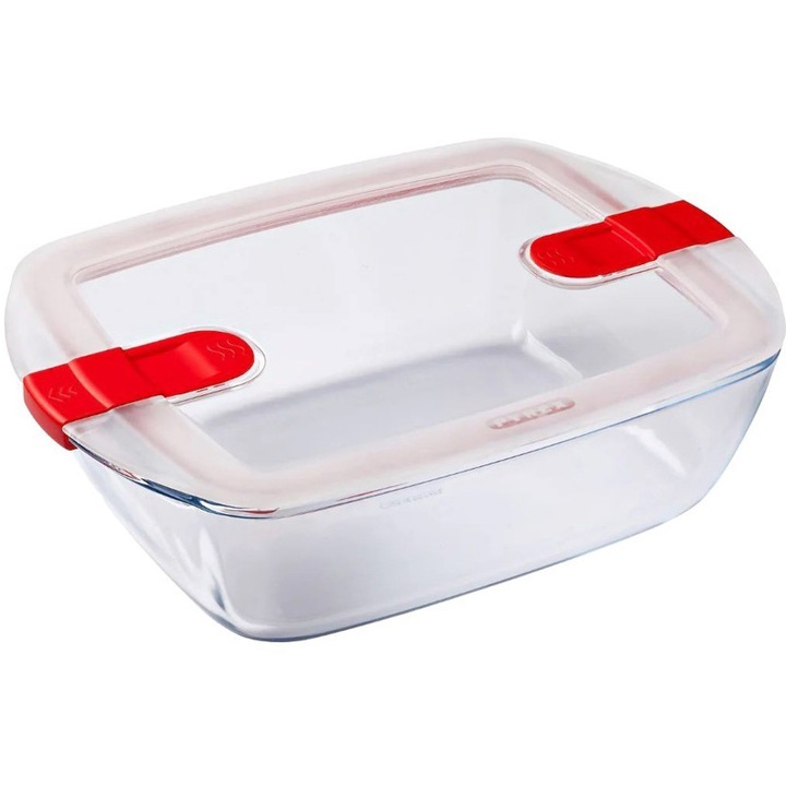 Касерола с капак Pyrex Cook & Heat, Правоъгълен, Топлоустойчиво стъкло, 28 x 20 x 8 см, 2,5 л