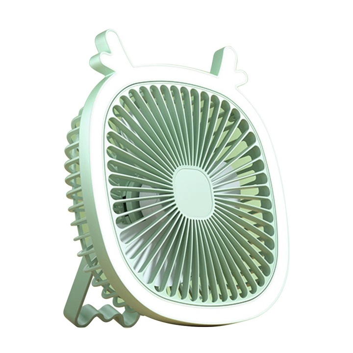 Мини преносим вентилатор, с нощна лампа, 3 скорости, въртене на 180°, USB, зелен