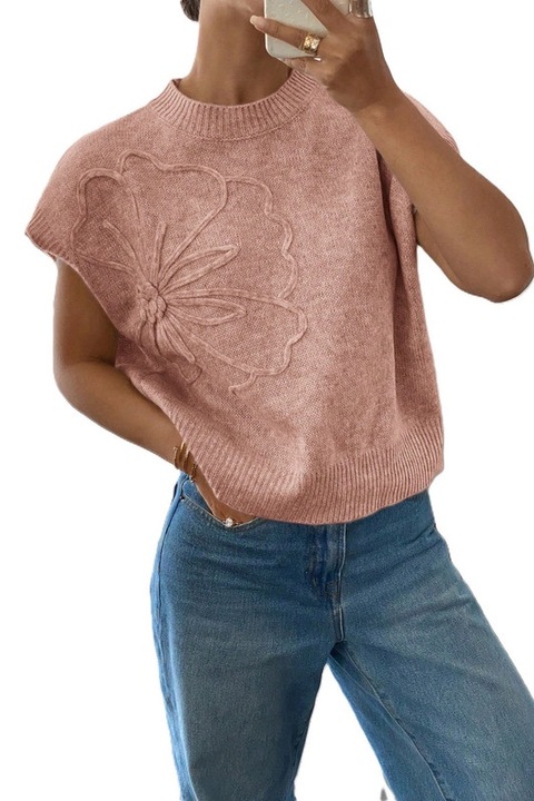 Pulover Dama, Fara Maneci, Gluer Rotund, Decor Floral 3D, Roz pal