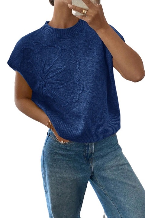 Pulover Dama, Fara Maneci, Gluer Rotund, Decor Floral 3D, Albastru marin