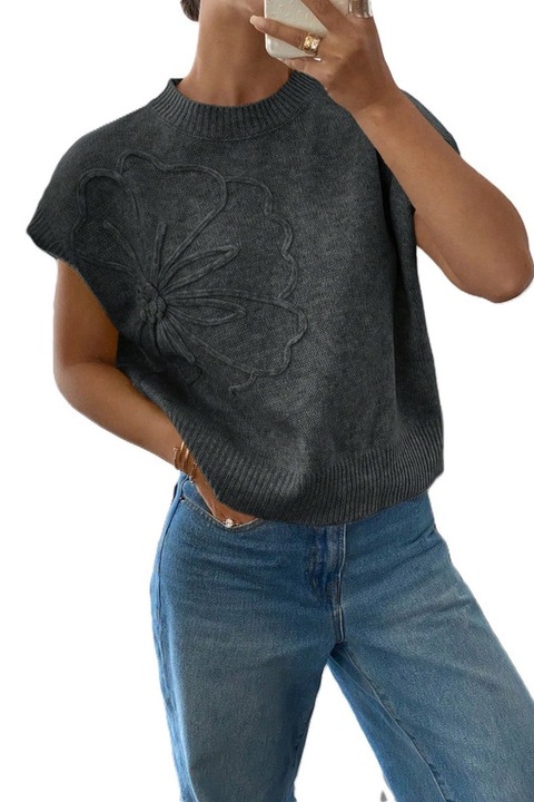 Pulover Dama, Fara Maneci, Gluer Rotund, Decor Floral 3D, Gri inchis