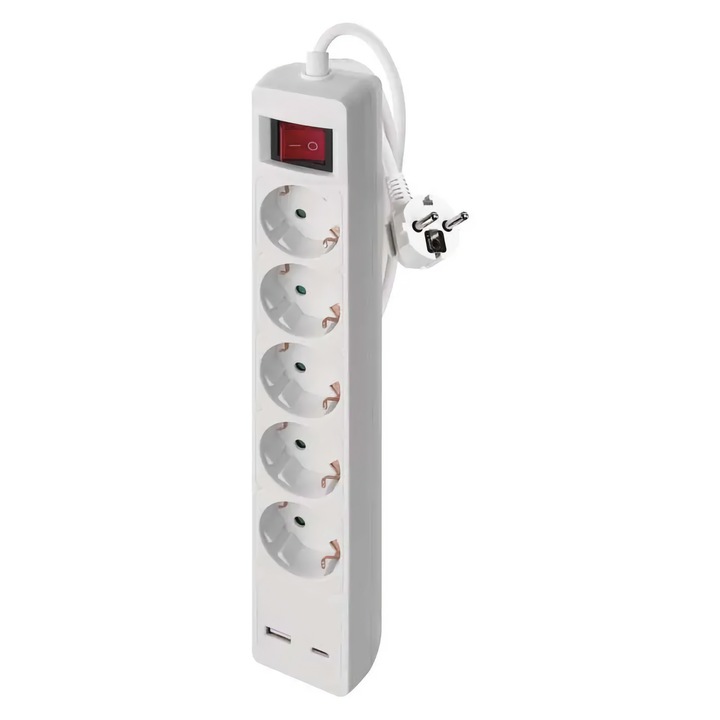 Разклонител Emos P1523CU, 5 контакта, с осветен прекъсвач, 1xUSBC 1xUSB-A 3.4 A / 17 W, H05VV-F3G 1.5 мм², 3 м, Бял/Сив
