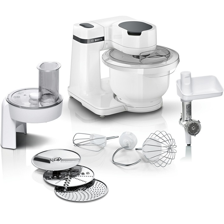 Кухненски робот Bosch MUMS2AW21, 700 W, Чопър, Слайсер, Принадлежности за стъргане, 4 скорости, Купа 3,8 л, 3D планетарен миксер, Бял