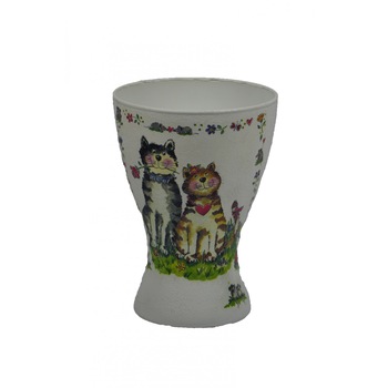 Vaza din sticla cu pisicute, decorata manual, 20 cm Vaza din sticla cu pisicute, decorata manual, 20 cm