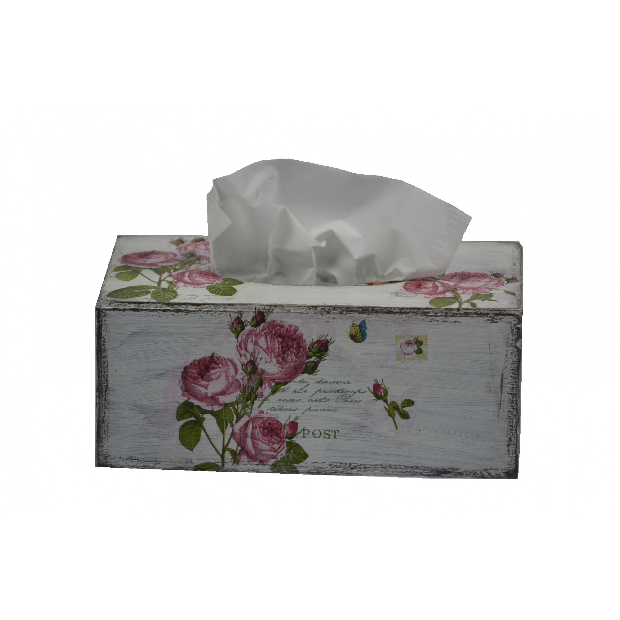 Cutie din lemn de plop pentru depozitat servetele, cu motiv floral - trandafiri, 25 cm