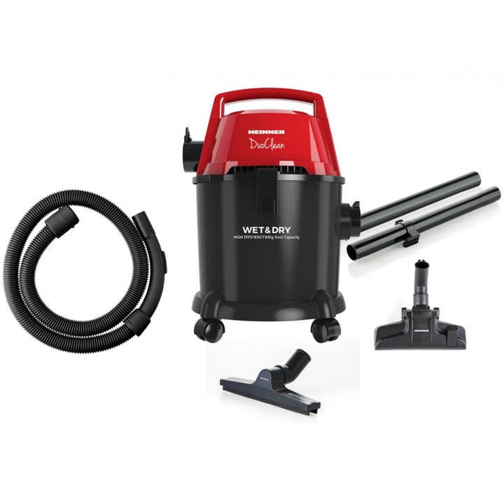 Aspirator multifunctional cu aspirare umeda si uscata HEINNER DuoClean HVC-MWD1400P-BK, 1400W, 15L, functie suflare, sac 3 L, filtru HEPA, negru/rosu