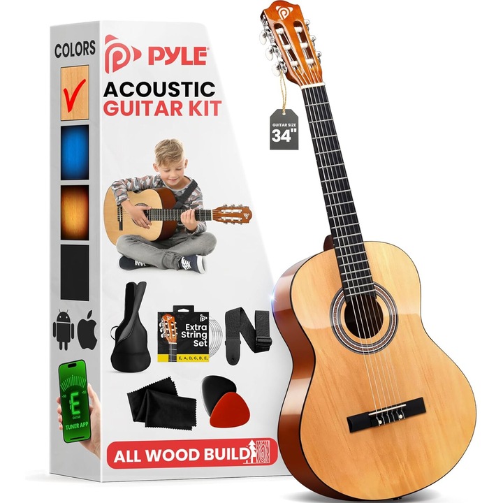 Set chitara acustica 1/2 Pyle, 86,4x32,4x9,8cm, 6 corzi