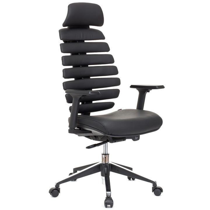 QMOBILI ERGO LINE PRO Fekete ergonomikus szék, valódi bőr, fejtámla, csúszó ülés, önállóan állítható deréktámasz, állítható 3D karfa, alumínium csillagláb, gumírozott görgők