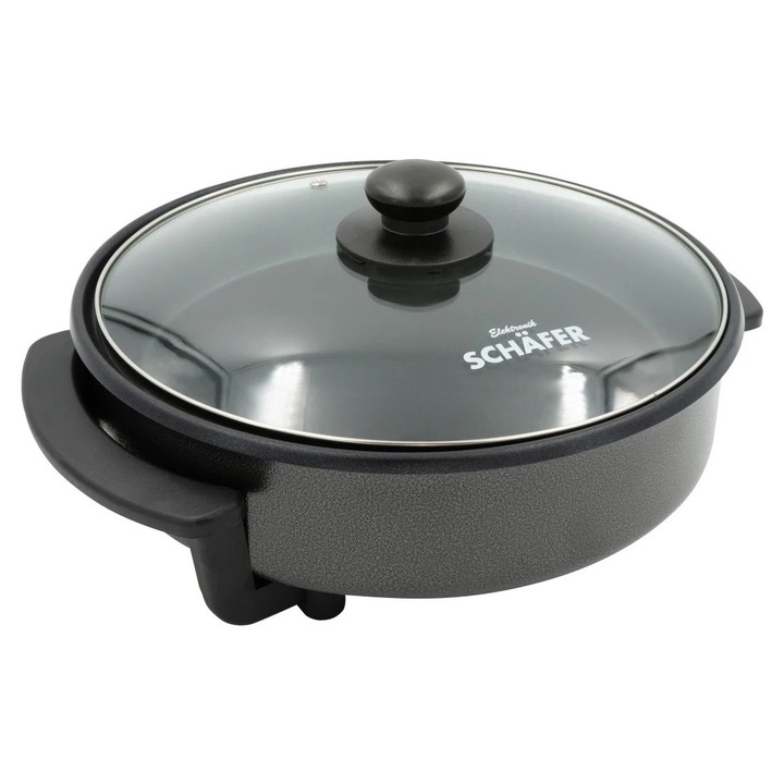 Електрически тиган за закуски и пица SCHAFER 20372, 1500 W, диаметър 42 см, стъклен капак