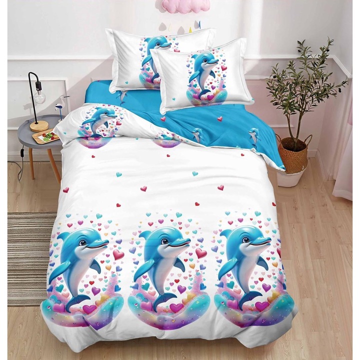 Set Lenjerie CHIRASO pentru copii, din FINET, pentru 1 sau 2 persoane, 4 piese, Cearceaf de pat 160 x 220 cm, Cearceaf pilota 155 x 200 cm, fata de perna 55 x 75 cm, cu imprimeu Delfini, alb-albastru