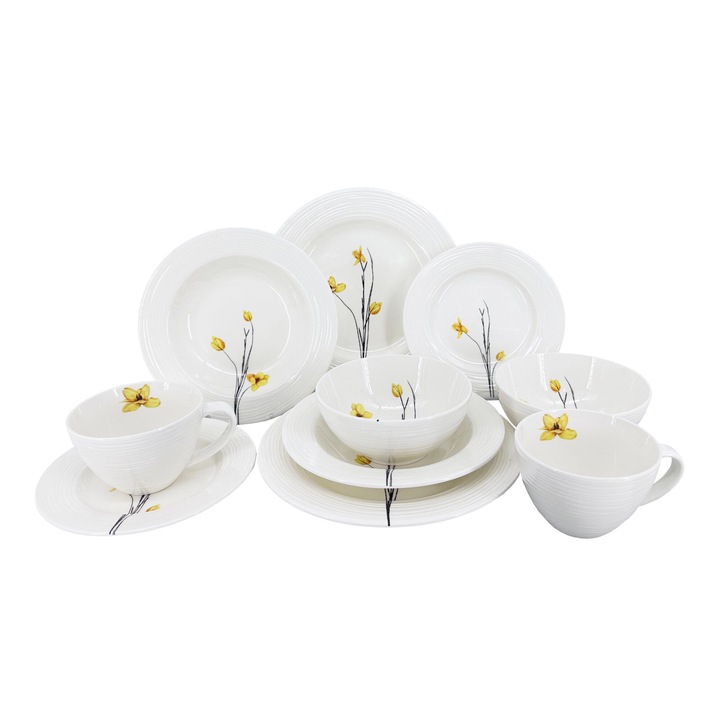 Set de portelan Croft Spring 10 piese by inspire, decor floral galben, portelan alb