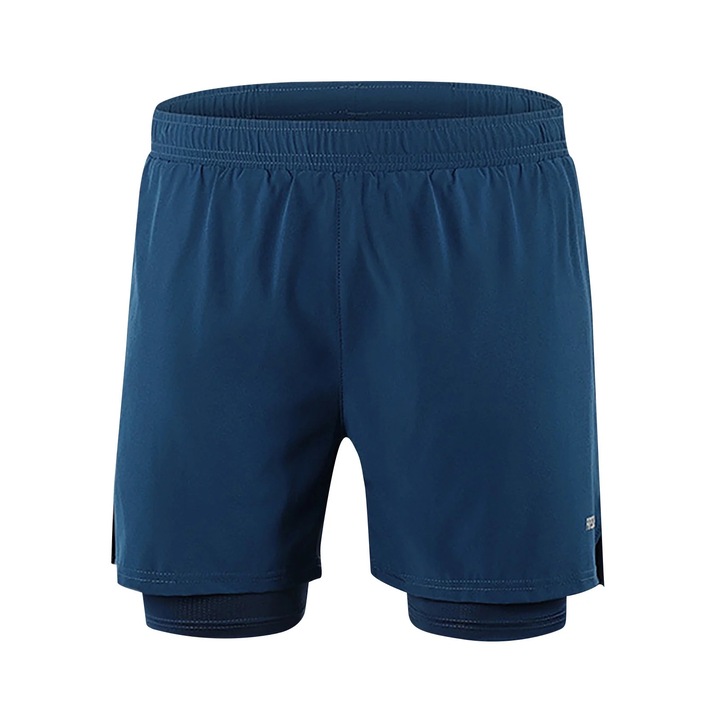 Мъжки спортни шорти 2 в 1, сини, полиестер и спандекс, с шнур и мрежеста подплата, S INTL