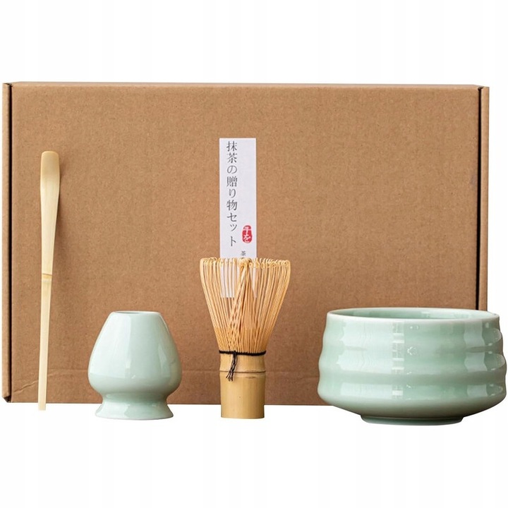 Set accesorii ceai matcha, 4 piese, bol ceramic verde, tel din bambus, lingura din bambus, suport tel