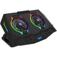 Suport de Răcire pentru Laptop PLUTO, AQIRYS, pentru Laptopuri până la 17", 2 Ventilatoare, Iluminare RGB, Hub USB cu 2 Porturi, Unghi Reglabil, Suport Telefon, Negru