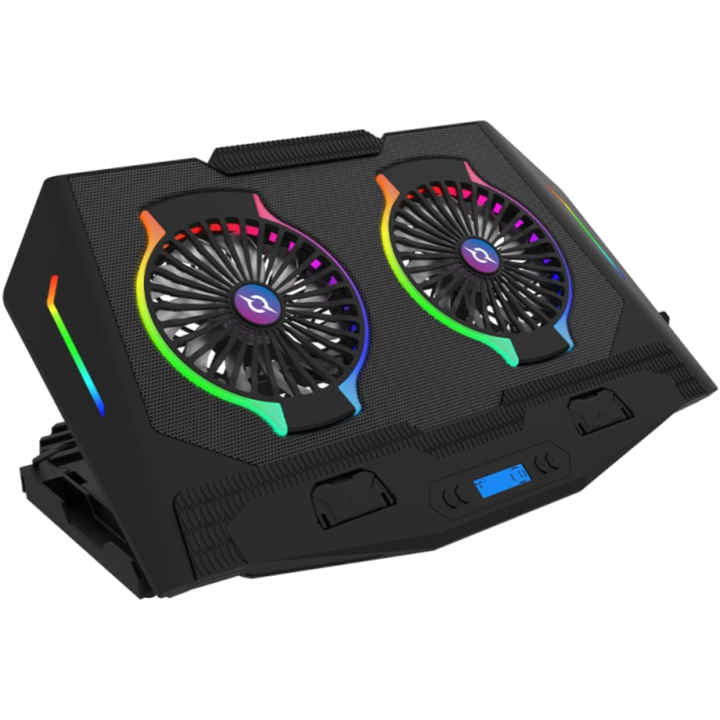 Suport de Răcire pentru Laptop PLUTO, AQIRYS, pentru Laptopuri până la 17", 2 Ventilatoare, Iluminare RGB, Hub USB cu 2 Porturi, Unghi Reglabil, Suport Telefon, Negru