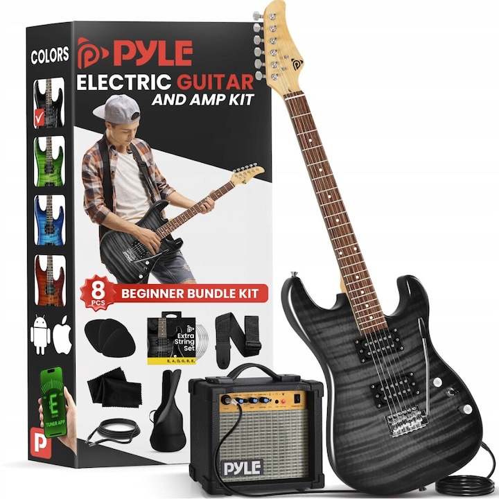 Chitara electrica set cu amplificator Pyle 39 inch 4/4, pickup-uri Humbucker, accesorii complete