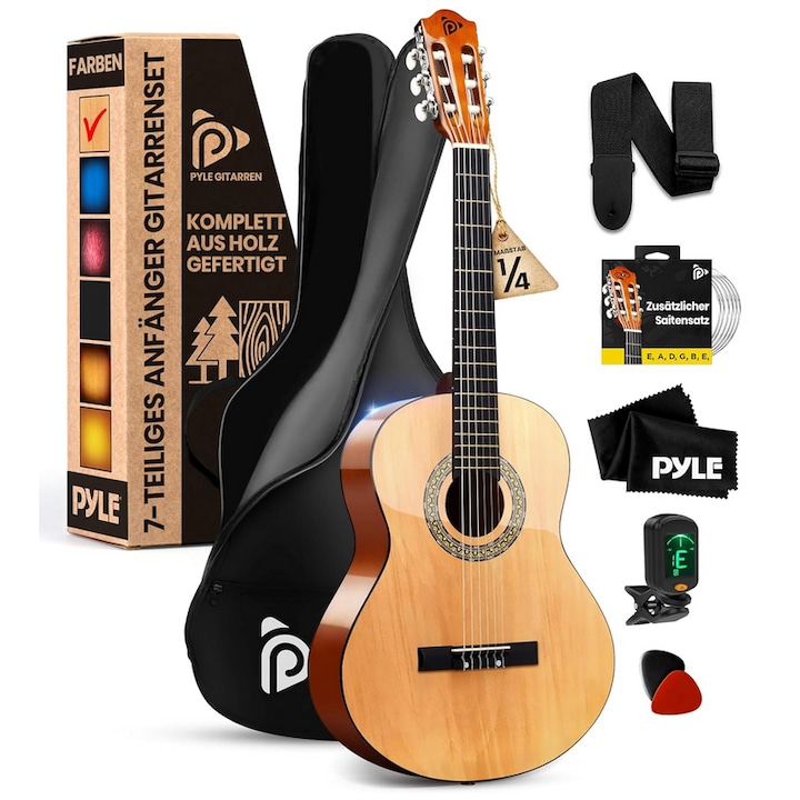 Set complet chitara acustica pentru incepatori Pyle, 1/8, bej/maro