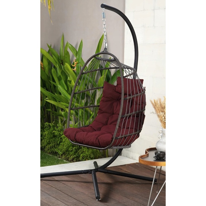 Fotoliu suspendat SereneLife, rosu, 106x100x190cm, cu perne rezistente la apa si UV