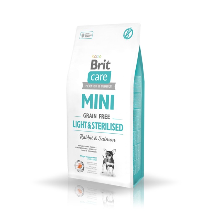 Суха храна за кучета от малки породи, Brit Care, Mini Light Sterilised, 400 г, заешко и сьомга, без зърнени култури, хипоалергенна