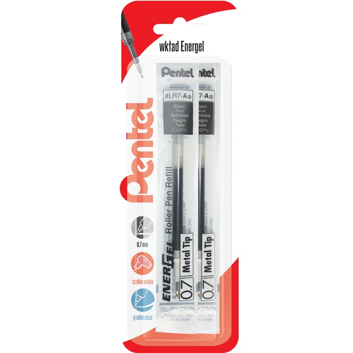 Пълнители за химикалки EnerGel LR7, 2 броя, черно мастило, PENTEL