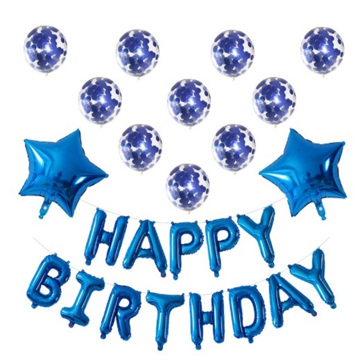 Комплект от 12 балона и 1 годишнина, с надпис „Честит рожден ден“ от Fitilomania, изработени от алуминиево фолио, 30-45 см, с пайети, латекс и фолио, син
