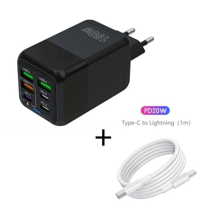 Incarcator multi-port 150W 3USB + 3PD, 6-in-1, rapid, negru+Type-C