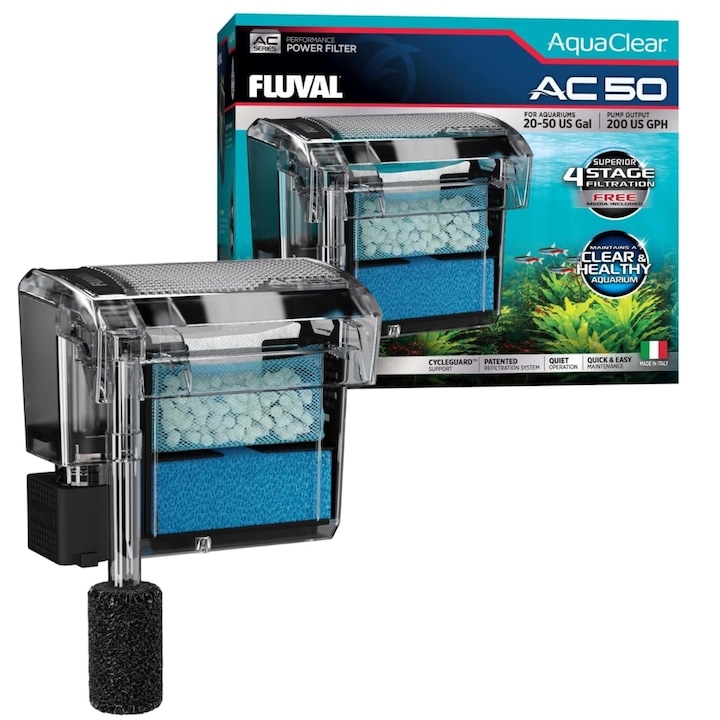 Filtru în cascadă Fluval AquaClear 50, 76-190 l, debit 757 l/h, consum 5 W, set complet medii filtrante, 18,5x11,1x16,3 cm