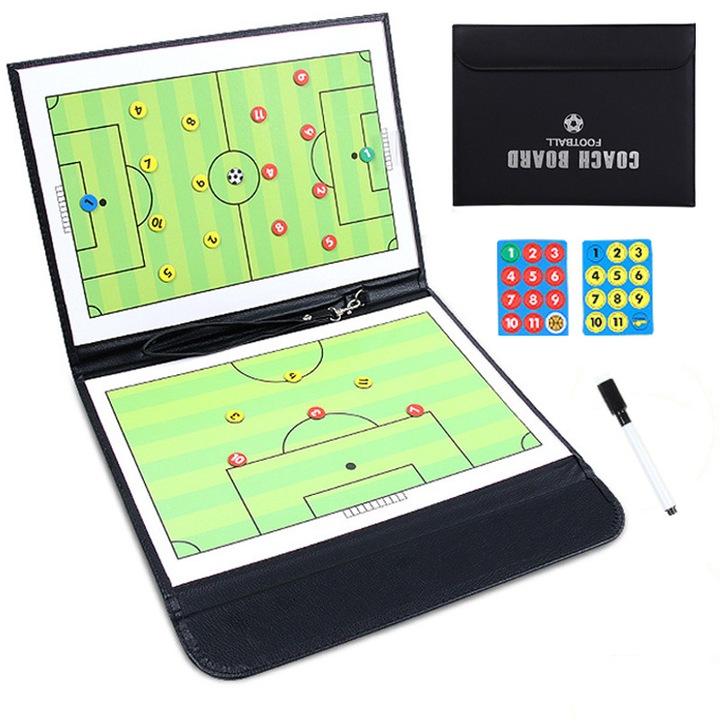 Mágneses taktikai tábla futballedzőnek, Fudisenn, markerekkel és 24 mágnessel, akasztható kialakítás, mágneses zár, eco bőr és műanyag, fekete, 24x31,5 cm