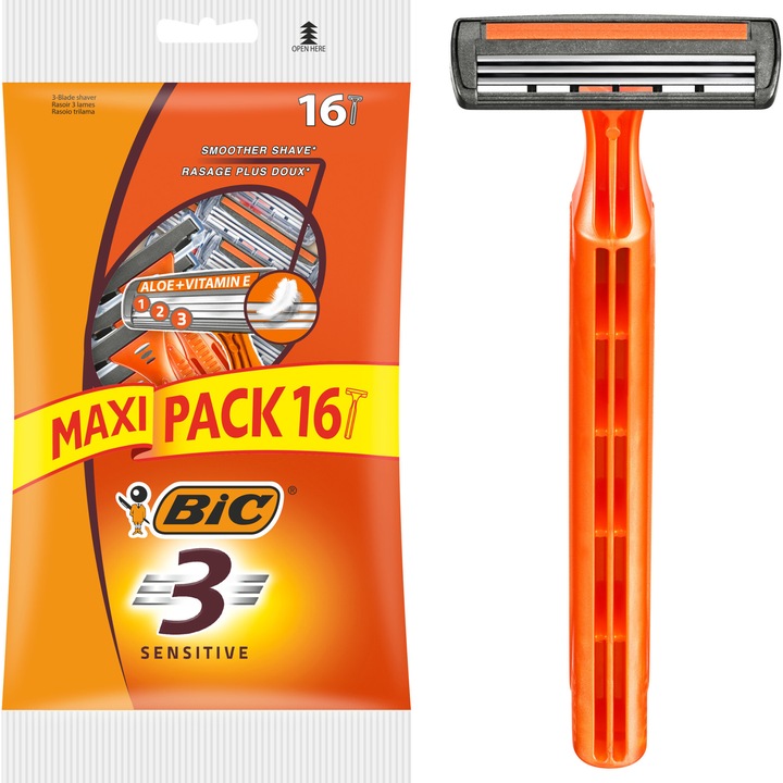 Aparat de ras dispozabil cu 3 lame, BIC 3 Sensitive, Pachet 16 bucati