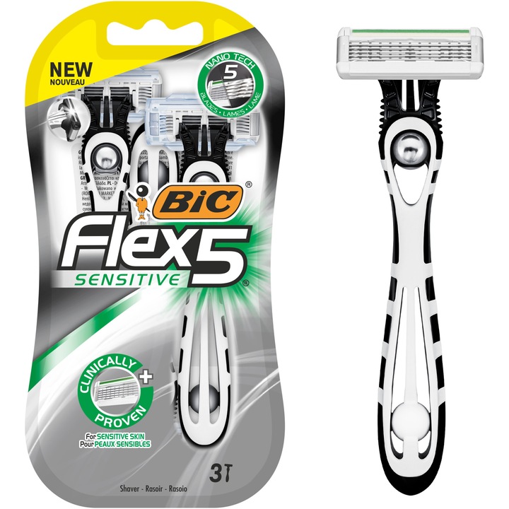 Aparat de ras dispozabil cu 5 lame, BIC FLEX 5 Sensitive, Pachet cu 3 bucati