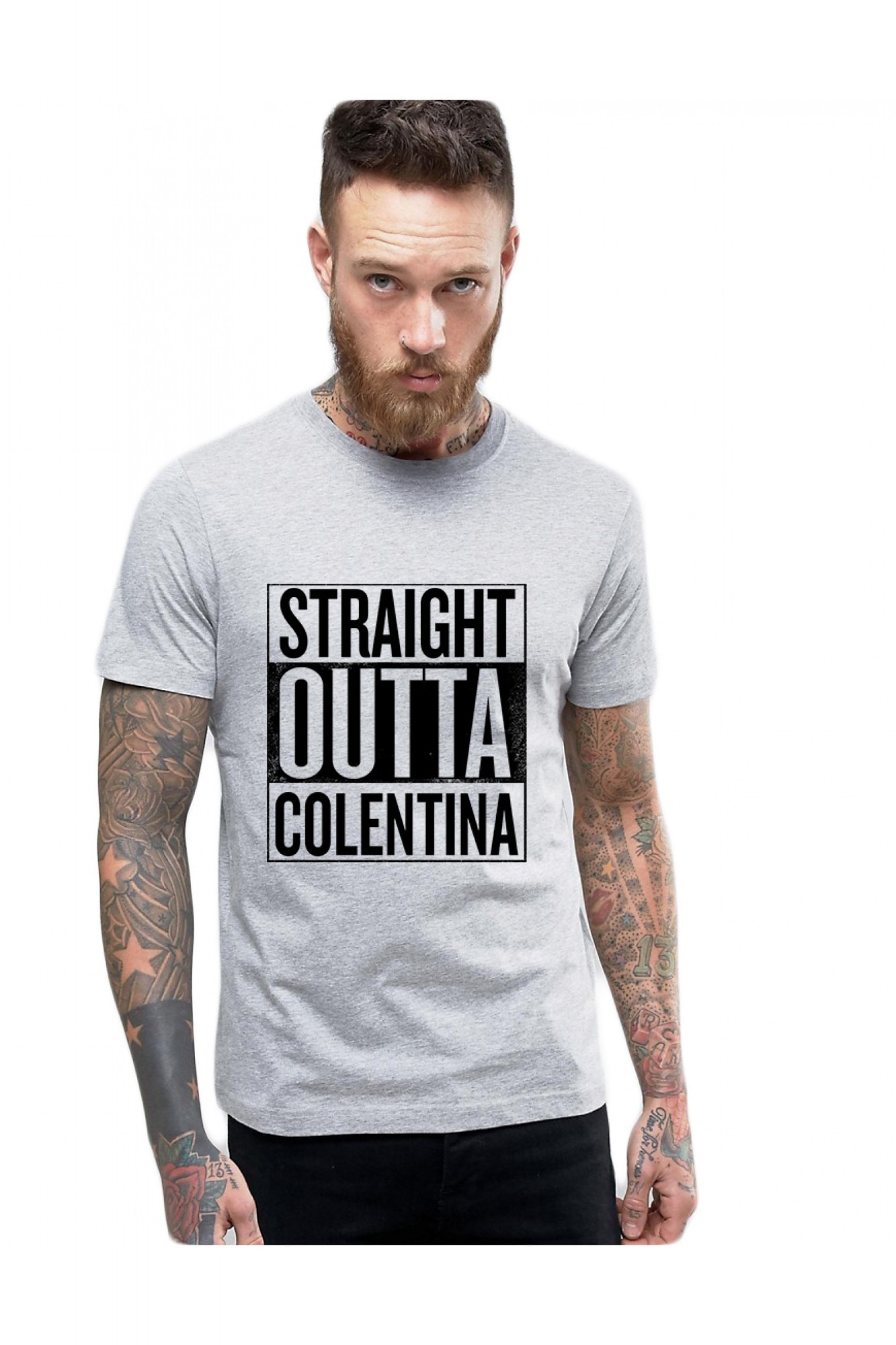 Tricou barbati gri cu text negru - Straight Outta Colentina, Gri, M