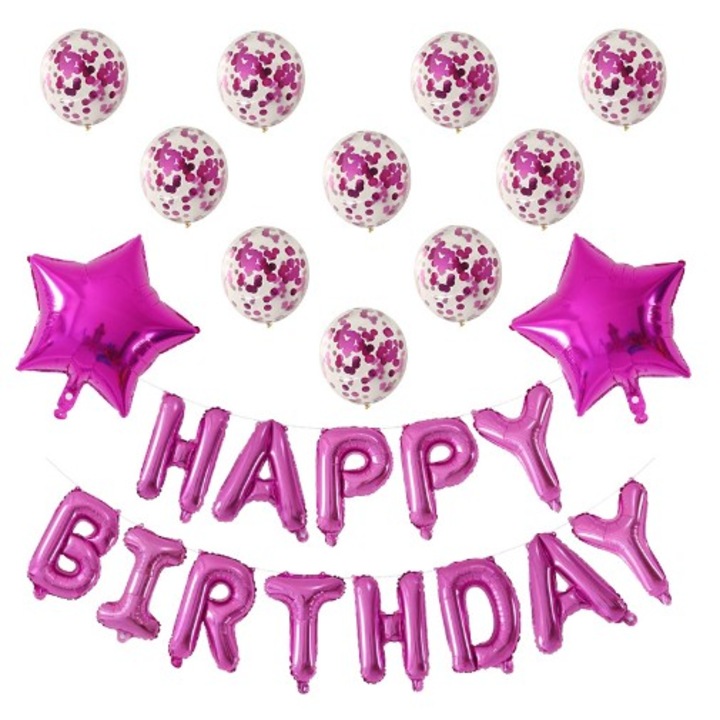 Комплект от 12 балона и 1, Юбилеен комплект, Честит рожден ден, от алуминиево фолио, 30 -45 см, С пайети, латекс и фолио, Розов