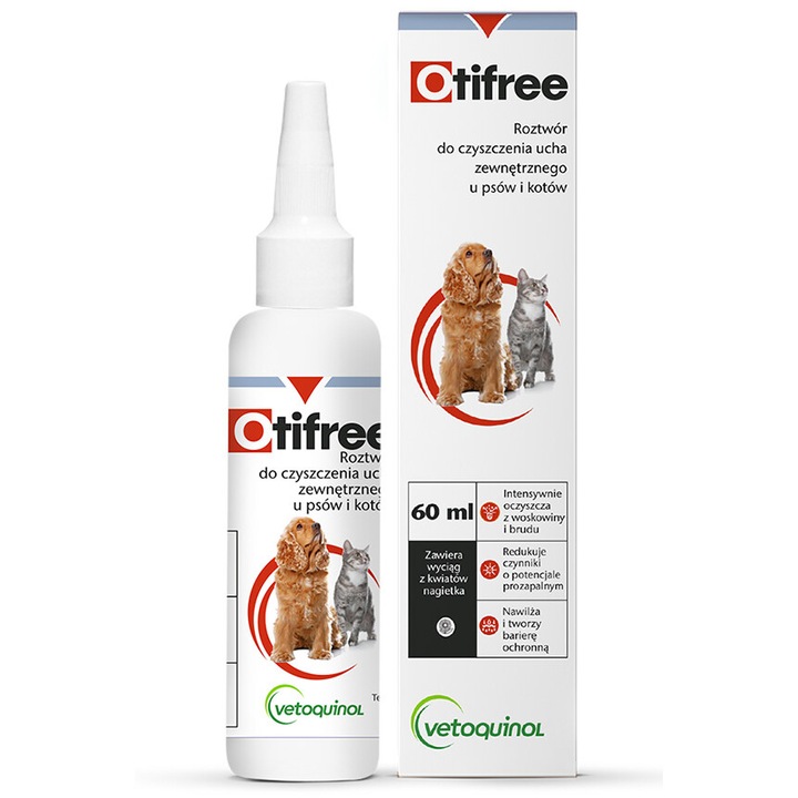 Solutie de curatare pentru urechi animale, Vetoquinol Otifree 60ml, proprietati de curatare si ingrijire, 60ml