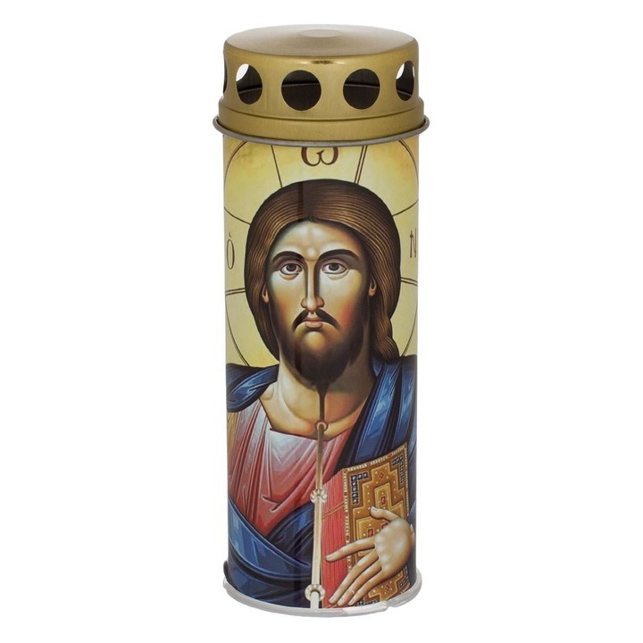 Lumanare de Biserica cu LED Alb Isus, Recipient Plastic, Capac Auriu, Flacara Alba, Autonomie 40 Ore, Functioneaza cu 2 Baterii AA (Incluse), Ø6.5x18cm
