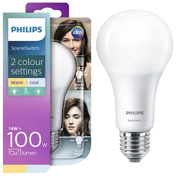 Bec LED Philips SceneSwitch, E27, 14W (100W), 1521 lm, A+, lumina naturala rece/alba calda Bec LED Philips SceneSwitch, E27, 14W (100W), 1521 lm, A+, lumina naturala rece/alba calda