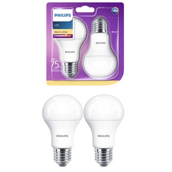 Set 2 becuri LED Philips, 11W (75W), E27, 1055 lm, A+, Alb cald Set 2 becuri LED Philips, 11W (75W), E27, 1055 lm, A+, Alb cald
