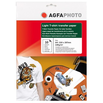 Hartie de transfer termic pentru tricouri/tesaturi albe / deschise la culoare (white/light T-shirt) - pachet de 10 coli A4 Agfa Photo Hartie de transfer termic pentru tricouri/tesaturi albe / deschise la culoare (white/light T-shirt) - pachet de 10 coli A4 Agfa Photo