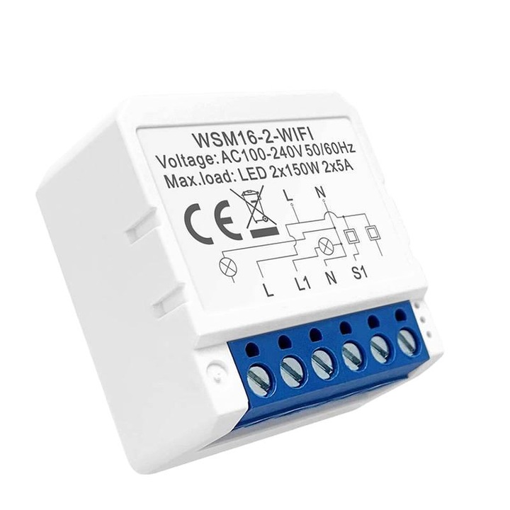 Comutator inteligent Wi-Fi, Avatto, WSM16-W2, 2 canale, alb, 39x39x19mm