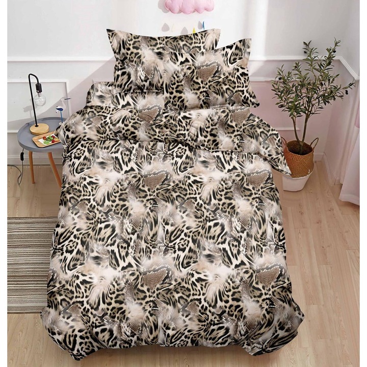 Set Lenjerie CHIRASO, din FINET, pentru 1 sau 2 persoane, 4 piese, Cearceaf de pat 160 x 220 cm, Cearceaf pilota 155 x 200 cm, fata de perna 55 x 75 cm, cu imprimeu animal print, maro-crem