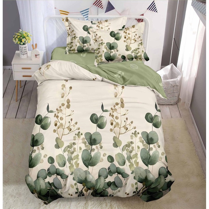 Set Lenjerie CHIRASO, din FINET, pentru 1 sau 2 persoane, 4 piese, Cearceaf de pat 160 x 220 cm, Cearceaf pilota 155 x 200 cm, fata de perna 55 x 75 cm, cu imprimeu ramuri cu frunze, crem-verde ou de rata