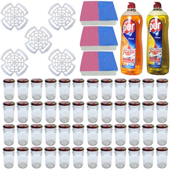 Pachet - 48 x Borcan din sticla cu capac prin infiletare, 370ml + 5 x Set presa muraturi 300g-370g, 10buc/set + 3 x Set bureti vase Hillox, 2buc/set + 2 x Detergent de vase Pur Power, lemon, orange and grapefruit, 750ml Pachet - 48 x Borcan din sticla cu capac prin infiletare, 370ml + 5 x Set presa muraturi 300g-370g, 10buc/set + 3 x Set bureti vase Hillox, 2buc/set + 2 x Detergent de vase Pur Power, lemon, orange and grapefruit, 750ml