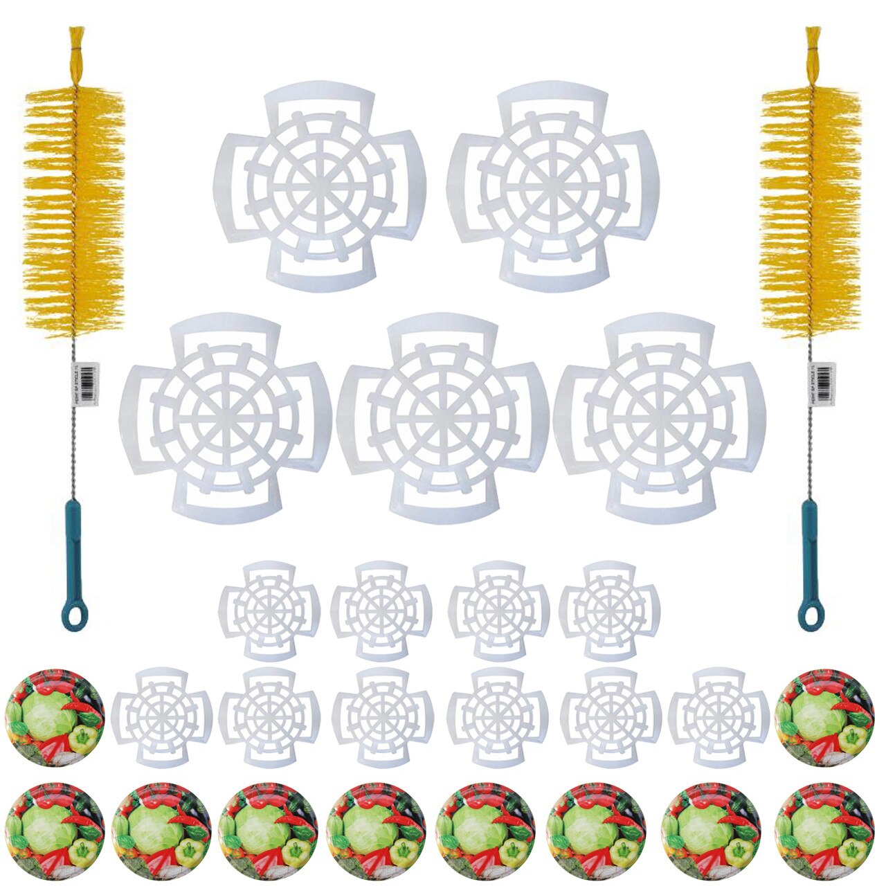 Pachet - 100 x Capac legume de 66mm pentru borcan de sticla + 100 x Presa muraturi pentru borcanele de 300g-370g + 50 x Presa muraturi 800ml-1L + 2 x Perie pentru sticla si borcan, 44cm