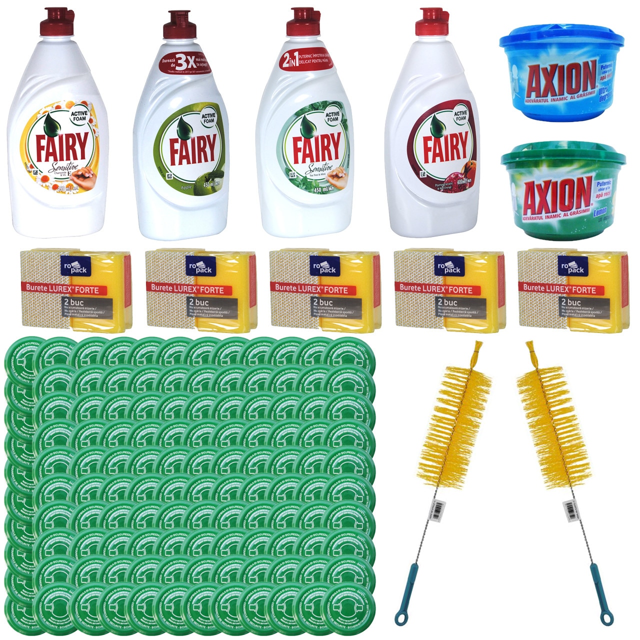 Pachet - 120 x Capac pentru sticla, 53 mm + 2 x Perie sticla si borcan, 44cm + 5 x Set bureti vase, 2buc/set + 4 x Fairy detergent vase, 450ml, musetel, mere verzi, menta, rodie + Axion Lemon, 400g + Axion ultra degresant, 400g
